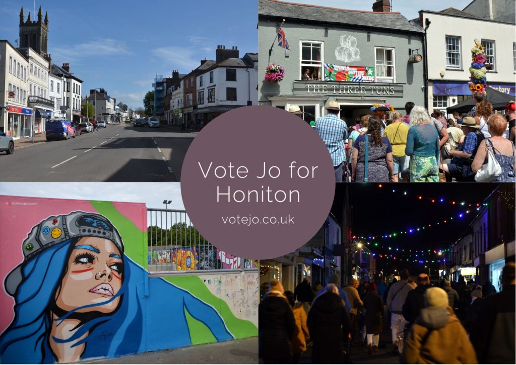 Vote Jo election postcard showing a montage of different Honiton landmarks and events